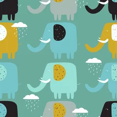 Vlies Fototapete Elefant Glückliche Elefanten, Wolken, handgezeichneter Hintergrund. Buntes nahtloses Muster mit Tieren und Wassertropfen. Dekorative süße Tapete, gut zum Drucken. Überlappender Hintergrundvektor