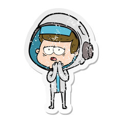 distressed sticker of a cartoon tired astronaut