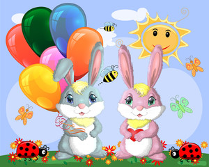 Cute cartoon bunny with an armful of balls and a bunny girlfriend in a meadow near the rainbow. Spring, postcard