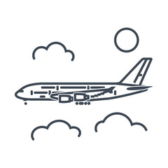 thin line icon passenger airplane flying above clouds