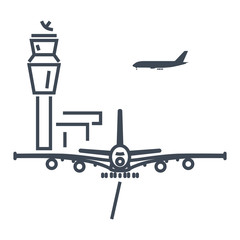 thin line icon airport control tower, aircraft