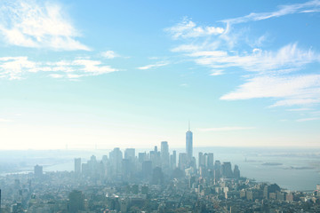 new york city skyline aerial view in a foggy day