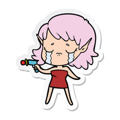 sticker of a cartoon crying elf girl