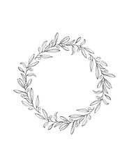 Delicate Hand Drawn Olive Twigs Isolated on a White Background. Vector Black Branch Frame of Round Shape.Retro Style Delicate Black Sketched Floral Wreath.Illustration Without Text.Lovely Wedding Art.