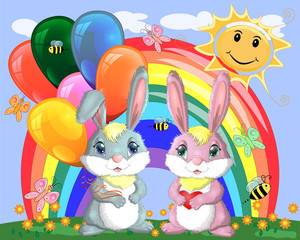 Cute cartoon bunny with an armful of balls and a bunny girlfriend in a meadow near the rainbow. Spring, postcard