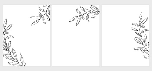 Set of 3 Green Olive Twigs Vector Illustration. Black Olive Branches Isolated on a White Background. Simple Elegant Wedding Cards. Floral Hand Drawn Arts. Illustration Without Text.