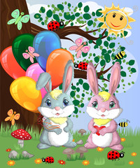 Two cute bunny with balls in a forest glade. Boy and girl, concept spring, love