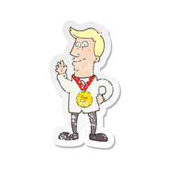 retro distressed sticker of a cartoon waving man with award