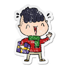 distressed sticker of a cartoon happy boy surprised