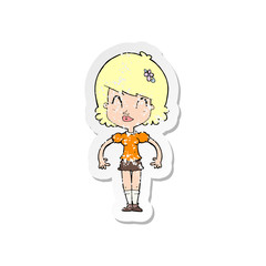 retro distressed sticker of a cartoon happy pretty woman