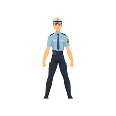 Police Officer in Blue Uniform and White Cap, Professional Policeman Character Vector Illustration
