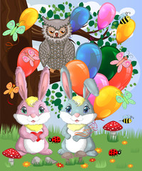 Two cute bunny with balls in a forest glade. Boy and girl, concept spring, love