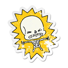 distressed sticker cartoon of a scary skeleton