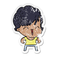 distressed sticker of a cartoon laughing woman