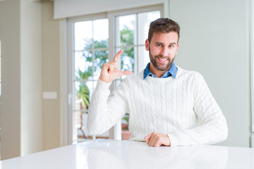 Fototapeta premium Handsome man wearing casual sweater smiling and confident gesturing with hand doing size sign with fingers while looking and the camera. Measure concept.