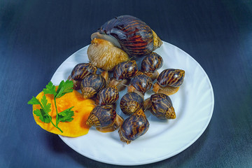 grape snails, akhatina, on a plate, as crude food, a rawism