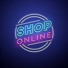 Shop online neon sign. Vector illustration.