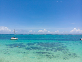 Beach of Mauritius in Indian Ocean. Aerial photo taken from the drone