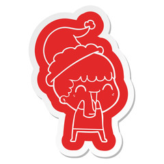 cartoon  sticker of a happy man wearing santa hat