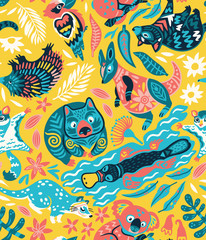 Seamless pattern with decorative Australian animals. Vector illustration