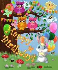 Cute cartoon bunny with an armful of balls in a forest glade. love, postcard