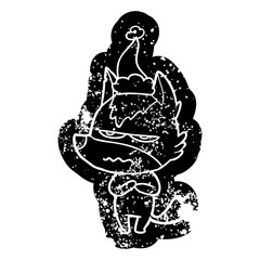 cartoon distressed icon of a annoyed wolf wearing santa hat