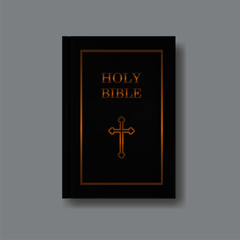 Holy Bible in a black hard cover. Realistic closed vertical book template. Religion book mock up isolated on grey background. Vector illustration.
