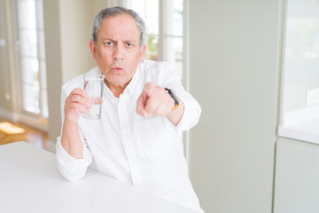 Handsome senior man drinking a fresh glass of water at home pointing with finger to the camera and to you, hand sign, positive and confident gesture from the front