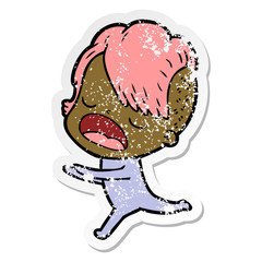 distressed sticker of a cartoon cool hipster girl talking