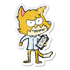 distressed sticker of a cartoon grinning fox with clipboard