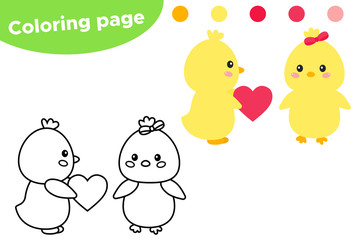 Easter coloring page, cute kawaii chicks with heart. Educational game for preschool kids. Vector illustration.