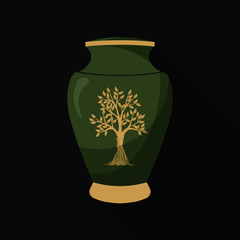 Flat design icons of urn for ashes. Cremation and funeral urn with dust. Vase with tree of life. Burial and dead man. Isolated. Vector illustration.