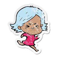 distressed sticker of a cartoon angry girl