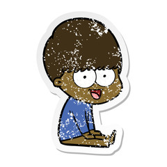 distressed sticker of a happy cartoon boy