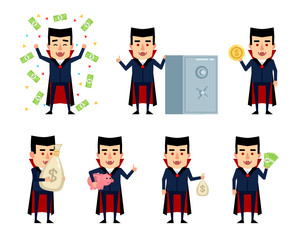 Set of vampire characters posing with money. Funny vampire holding money bag, coin, piggy bank and showing other actions. Flat style vector illustration