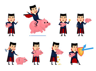 Set of funny vampire characters posing with piggy bank. Cheerful vampire holding piggy bank, saving money, riding big pig and showing other actions. Flat style vector illustration