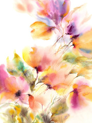 Fototapeta na wymiar Floral background. Watercolor floral painting. Delocate colorful flowers. Floral wall art. Abstract flowers art. 