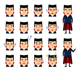Set of vampire emoticons showing various facial expressions. Happy, sad, cry, laugh, angry, surprised, dazed, in love and other emotions. Flat vector illustration