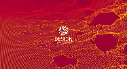 Abstract grid background with hole. Array with dynamic particles. Texture. 3D grid surface.  Technology vector illustration.