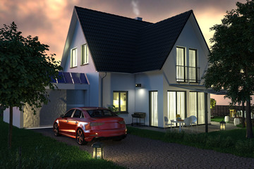 Einfamilienhaus mit Garage und Auto am Abend - obrazy, fototapety, plakaty