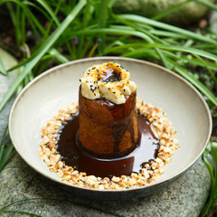 Chocolate banana cake with toffee sauce