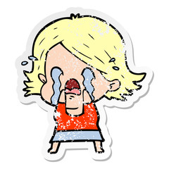 distressed sticker of a cartoon woman crying