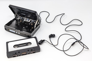 Vintage audio player. Old fashioned portable cassette player, cult object, icon and symbol of the...