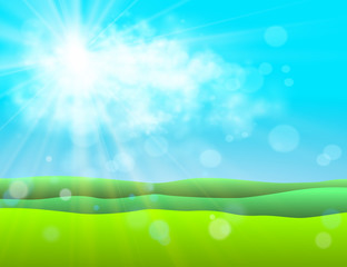 Summer warm background with sun and green field of grass. Vector.