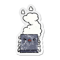 distressed sticker of a cartoon overheating computer chip