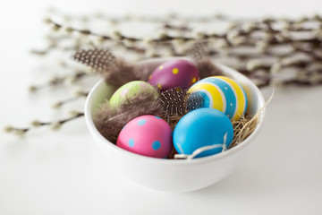 holidays and object concept - colored easter eggs with quail feathers in bowl and pussy willow branches on white background