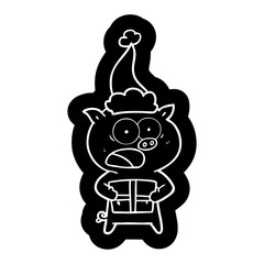 cartoon icon of a pig with christmas present wearing santa hat