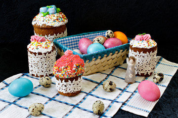 Easter. Easter cake and Easter eggs. Spring. Flowers Symbols of Easter.