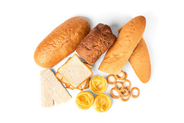 Bakery and pasta products isolated on white background. Baguette, pasta, dryings bagel, toast bread, crispbreads and bread.
