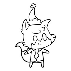 line drawing of a friendly fox wearing santa hat